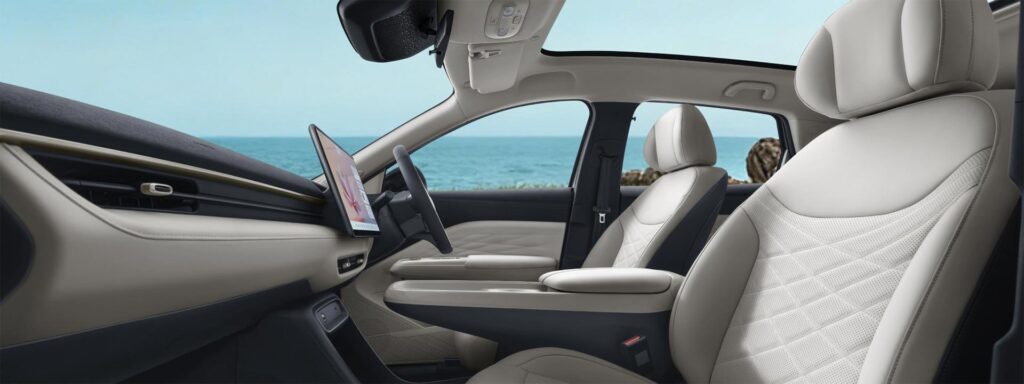Side view of the soft white leather interior of the ARCFOX T1 electric SUV