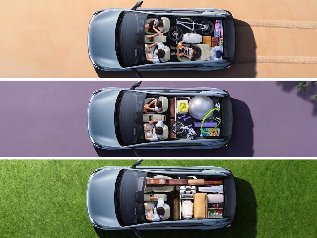 Cutout top view of the ARCFOX T1 electric SUV showing three different and versatile interior space configurations