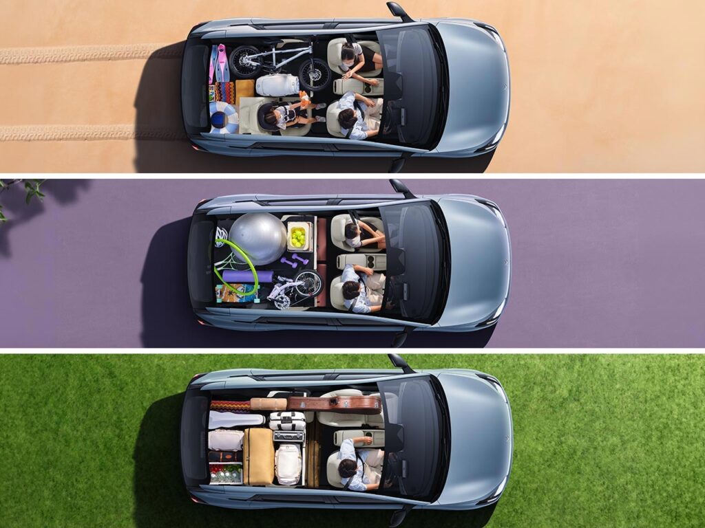 Cutout top view of the ARCFOX T1 electric SUV showing three different and versatile interior space configurations