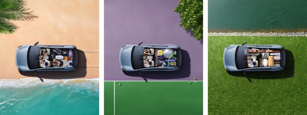 Cutout top view of the ARCFOX T1 electric SUV showing three different and versatile interior space configurations