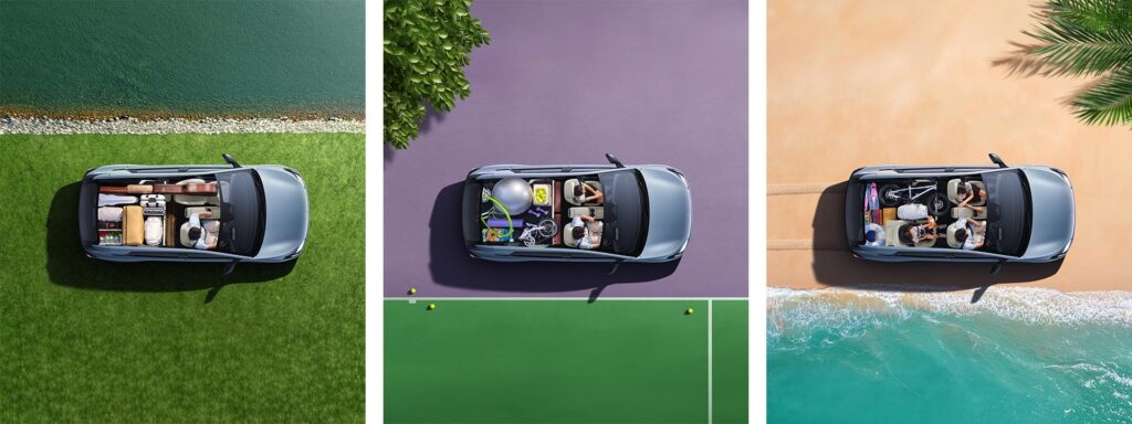Cutout top view of the ARCFOX T1 electric SUV showing three different and versatile interior space configurations