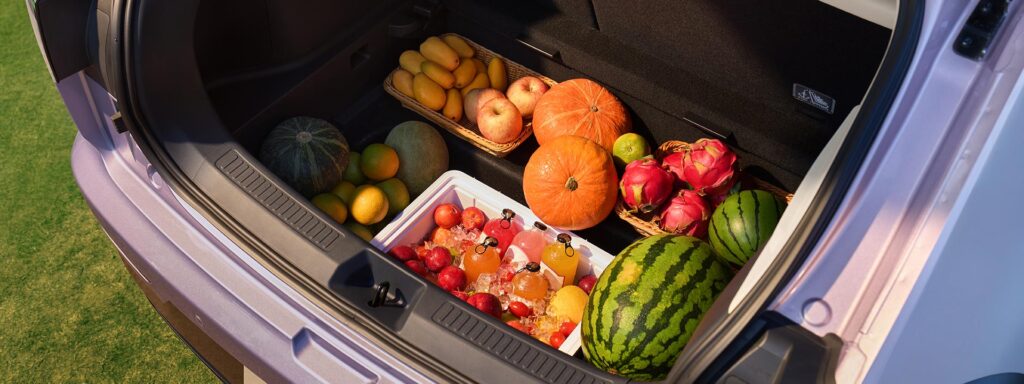 Large boot space with hidden-sunken storage of teh ARCFOX T1 electric SUV carrying a large fruit tray