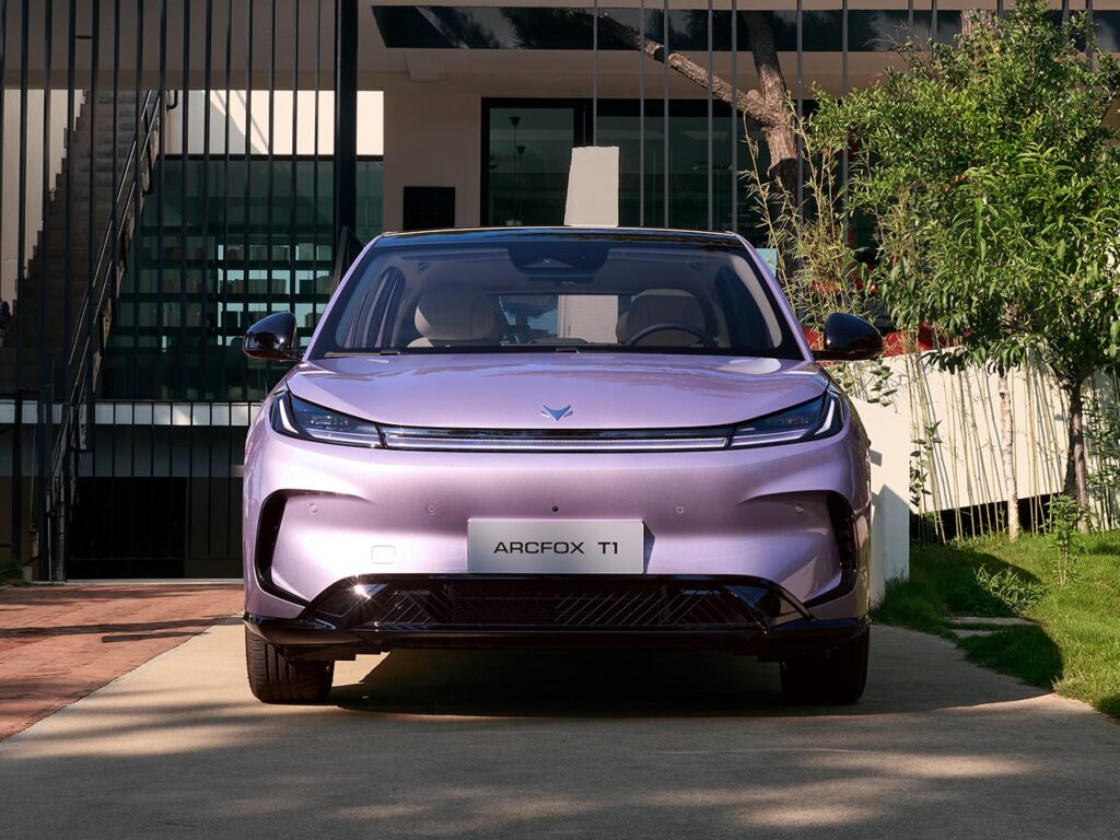 Front view of a purple ARCFOX T1 electric SUV parked in a driveway