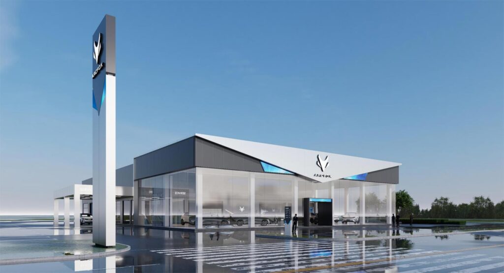 Architectural rendering of an ARCFOX dealership showroom