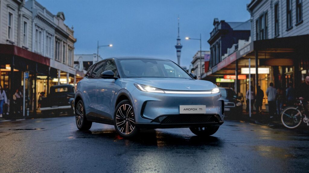 Front three quarter view of a blue ARCFOX T1 electric SUV in Auckland, New Zealand